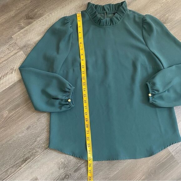 J. Crew Ruffle Blouse Dark Green Golden Buttons Small Academia Chic - Picture 6 of 7